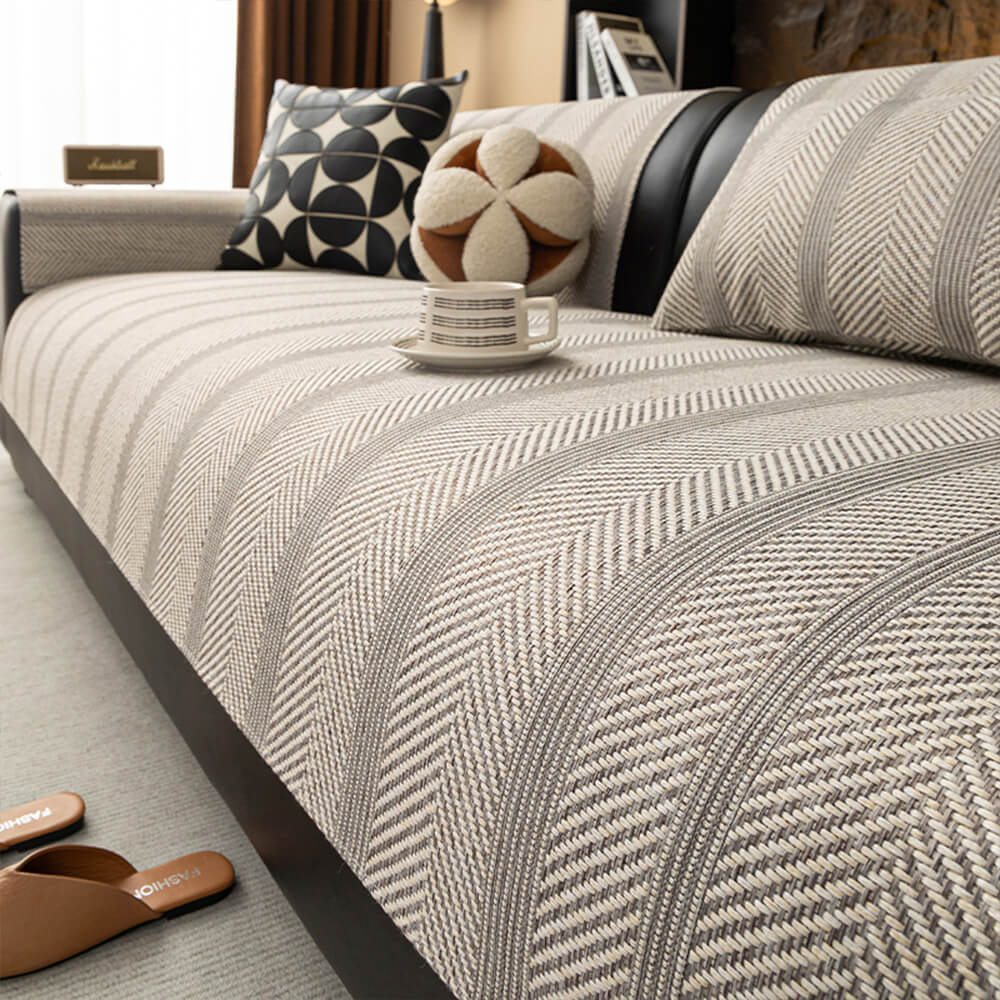 Minimalist Herringbone Weave Breathable Faux Linen All-Season Sofa Cover