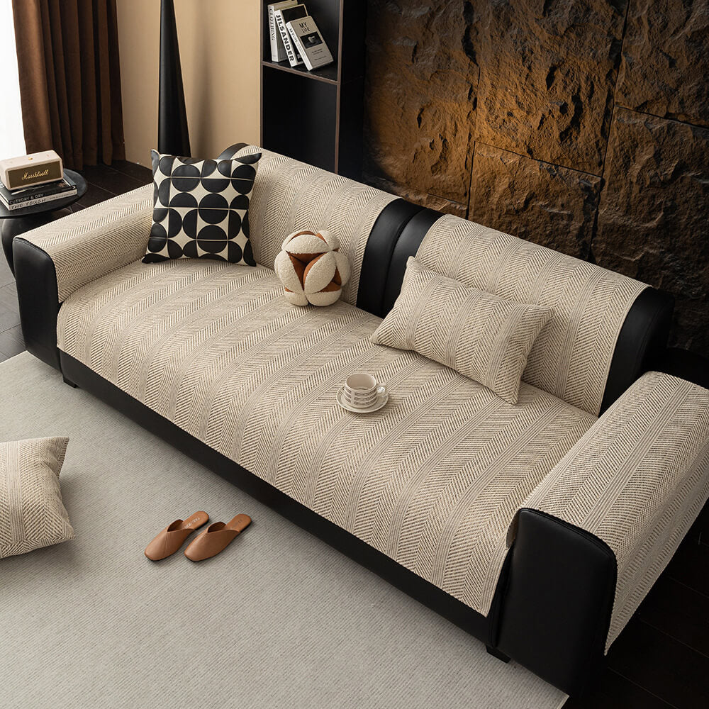 Minimalist Herringbone Weave Breathable Faux Linen All-Season Sofa Cover