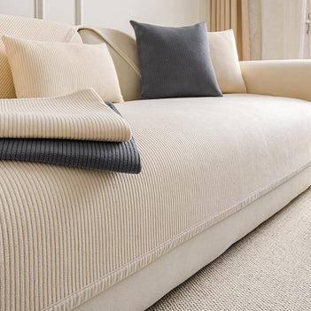 Modern Cream Vertical Stripes Fleece Sofa Cover for All Seasons