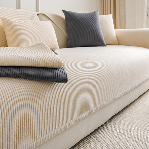 Modern Cream Vertical Stripes Fleece Sofa Cover for All Seasons