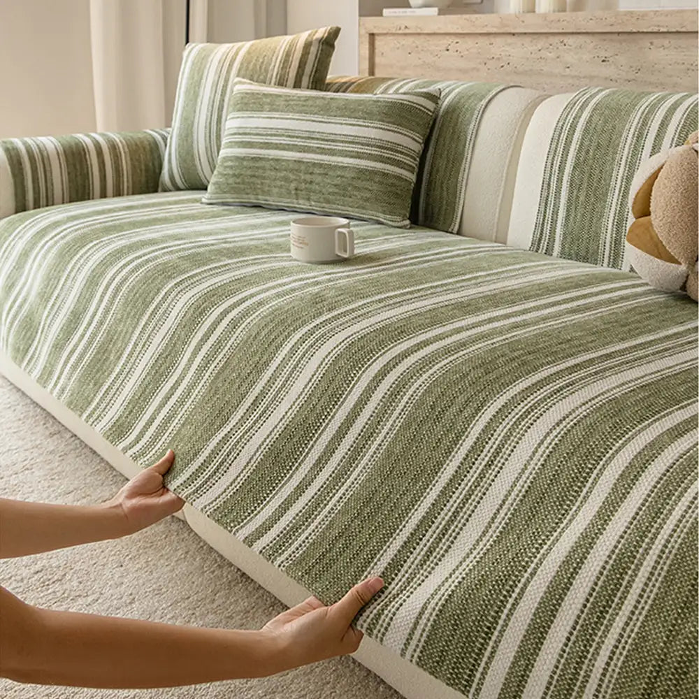 Natural Stripe Chenille Thickend Sofa Protection Washable Non-Slip Sofa Cover