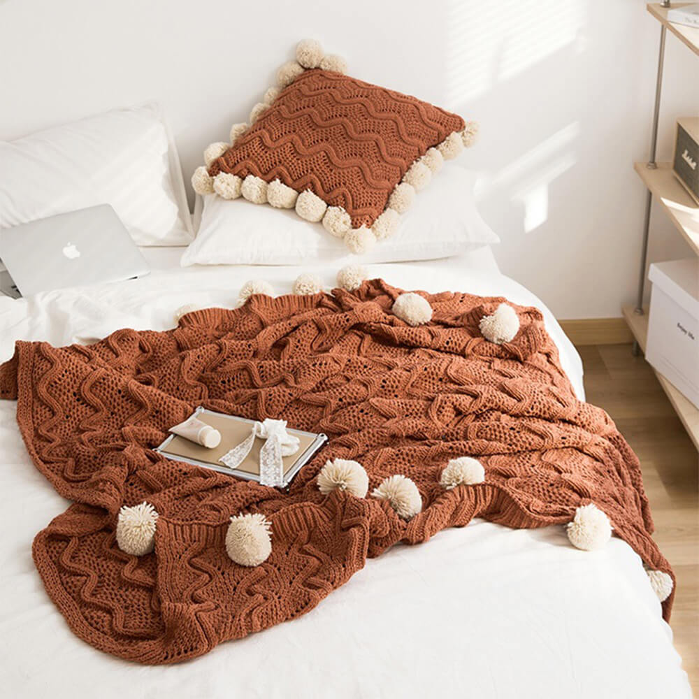 Couverture confortable en Chenille Pom Pom de Style nordique avec taie d'oreiller