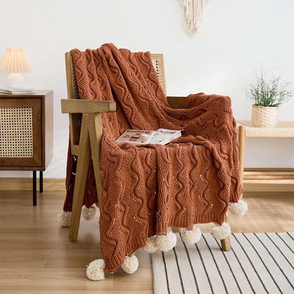 Nordic Style Chenille Pom Pom Cozy Throw Blanket with Pillowcase