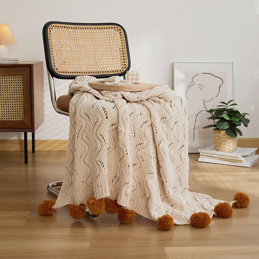 Nordic Style Chenille Pom Pom Cozy Throw Blanket with Pillowcase