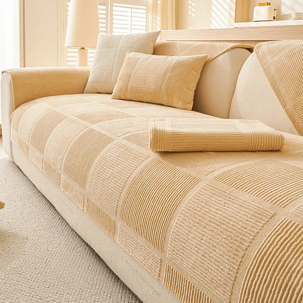 Plush Cream Geometric All Seasons Non-Slip Sofa Cover