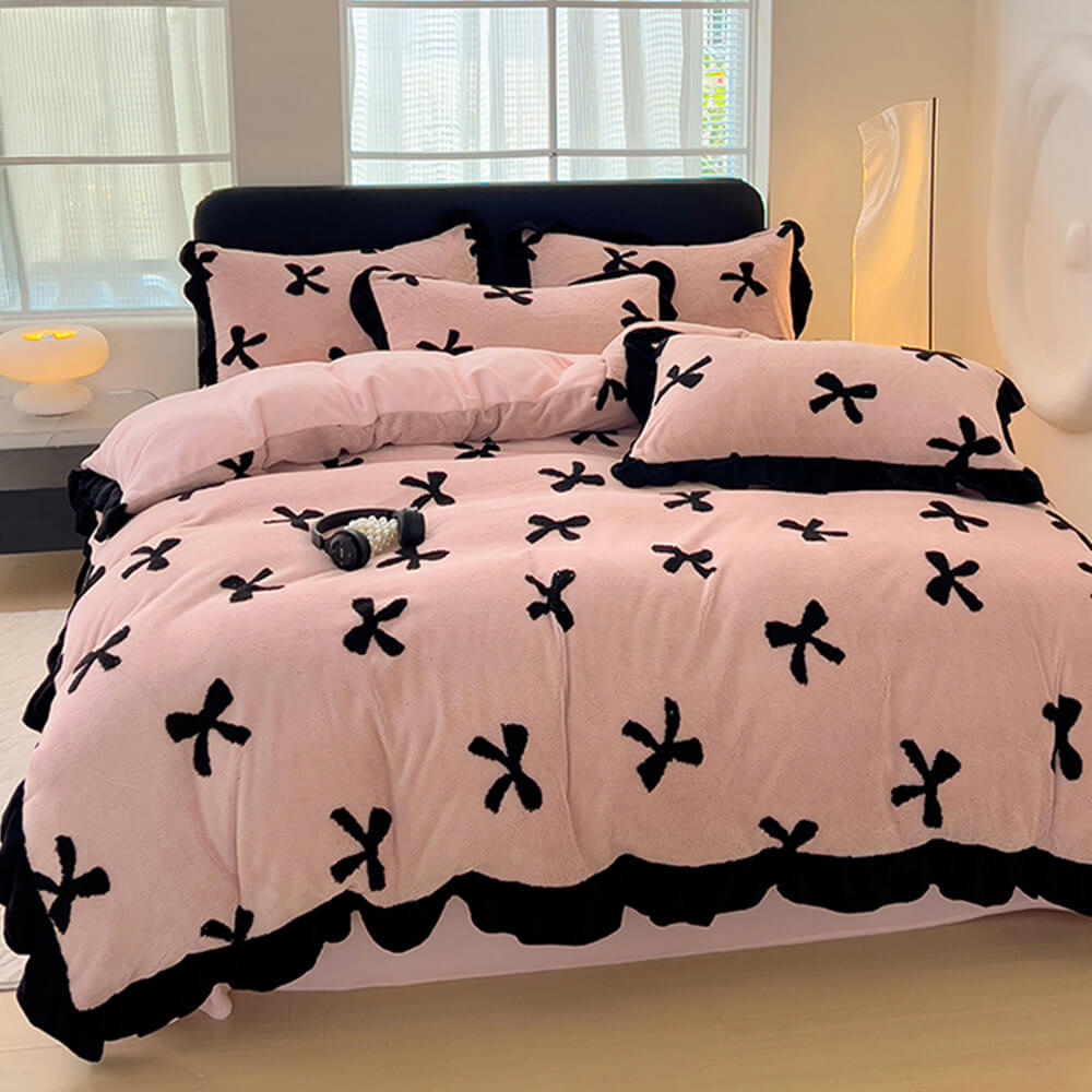 Romantic Bow knot Anti-Static Warm Milk Velvet Bed Sheet Set