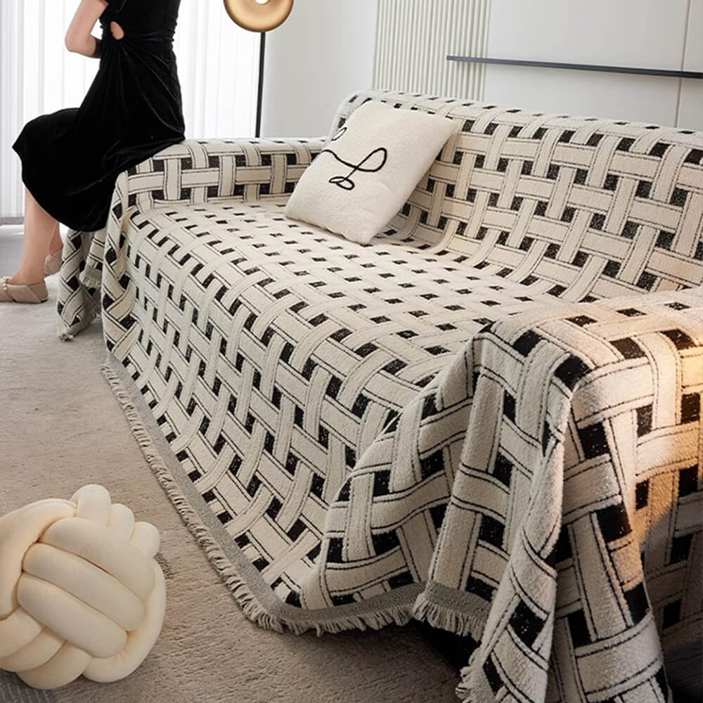 Stylish Checkered Fringed Tassel Chenille Sofa Protector Throw Sofa Cover