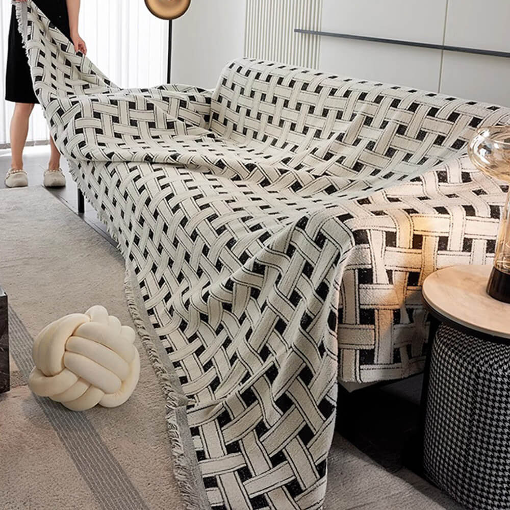 Stylish Checkered Fringed Tassel Chenille Sofa Protector Throw Sofa Cover