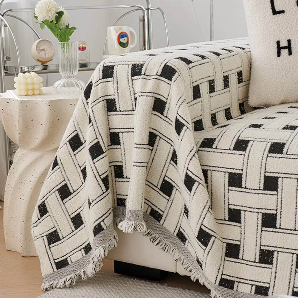 Stylish Checkered Fringed Tassel Chenille Sofa Protector Throw Sofa Cover