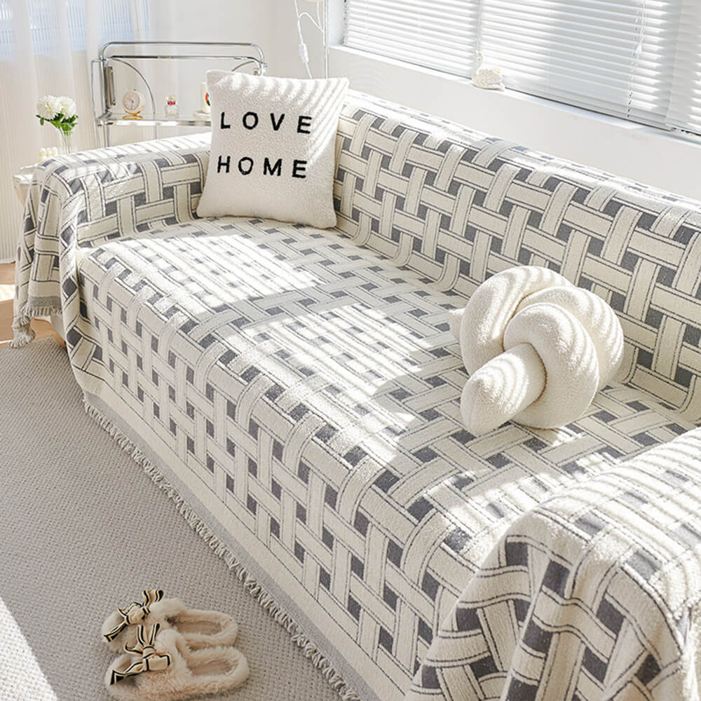 Stylish Checkered Fringed Tassel Chenille Sofa Protector Throw Sofa Cover