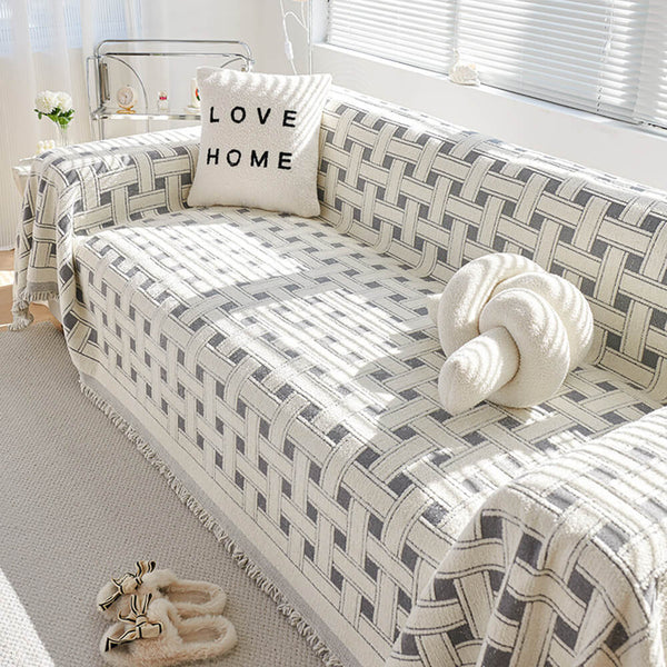 Stylish Checkered Fringed Tassel Chenille Sofa Protector Throw Sofa Cover