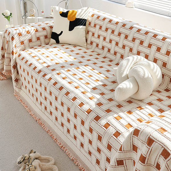 Stylish Checkered Fringed Tassel Chenille Sofa Protector Throw Sofa Cover