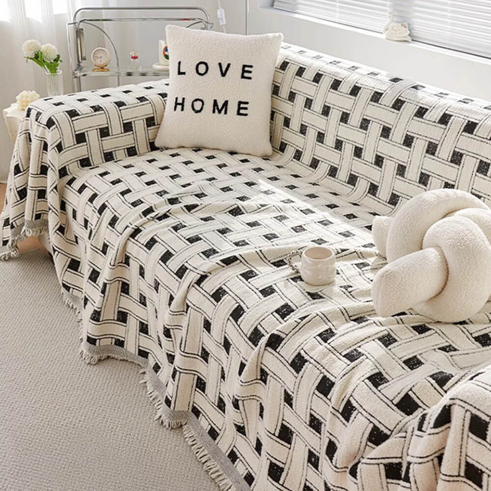 Stylish Checkered Fringed Tassel Chenille Sofa Protector Throw Sofa Cover