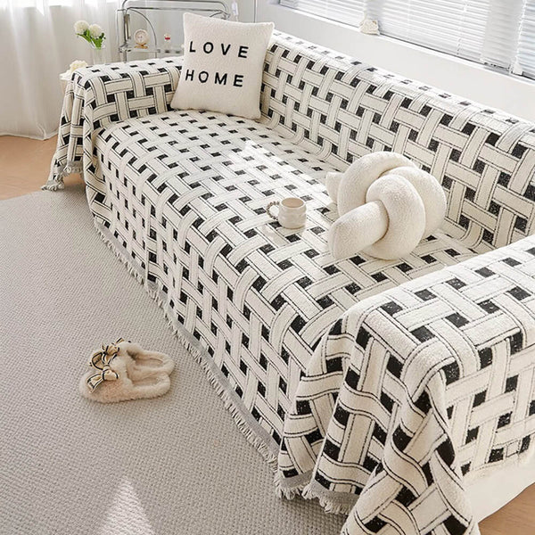 Stylish Checkered Fringed Tassel Chenille Sofa Protector Throw Sofa Cover