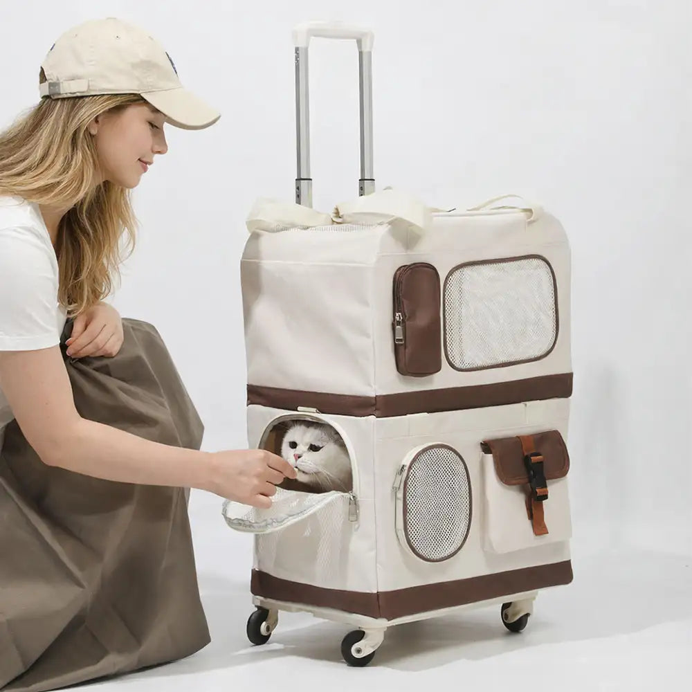 Travel Carrier Double-Layer Foldable Cat Bag with Detachable Trolley
