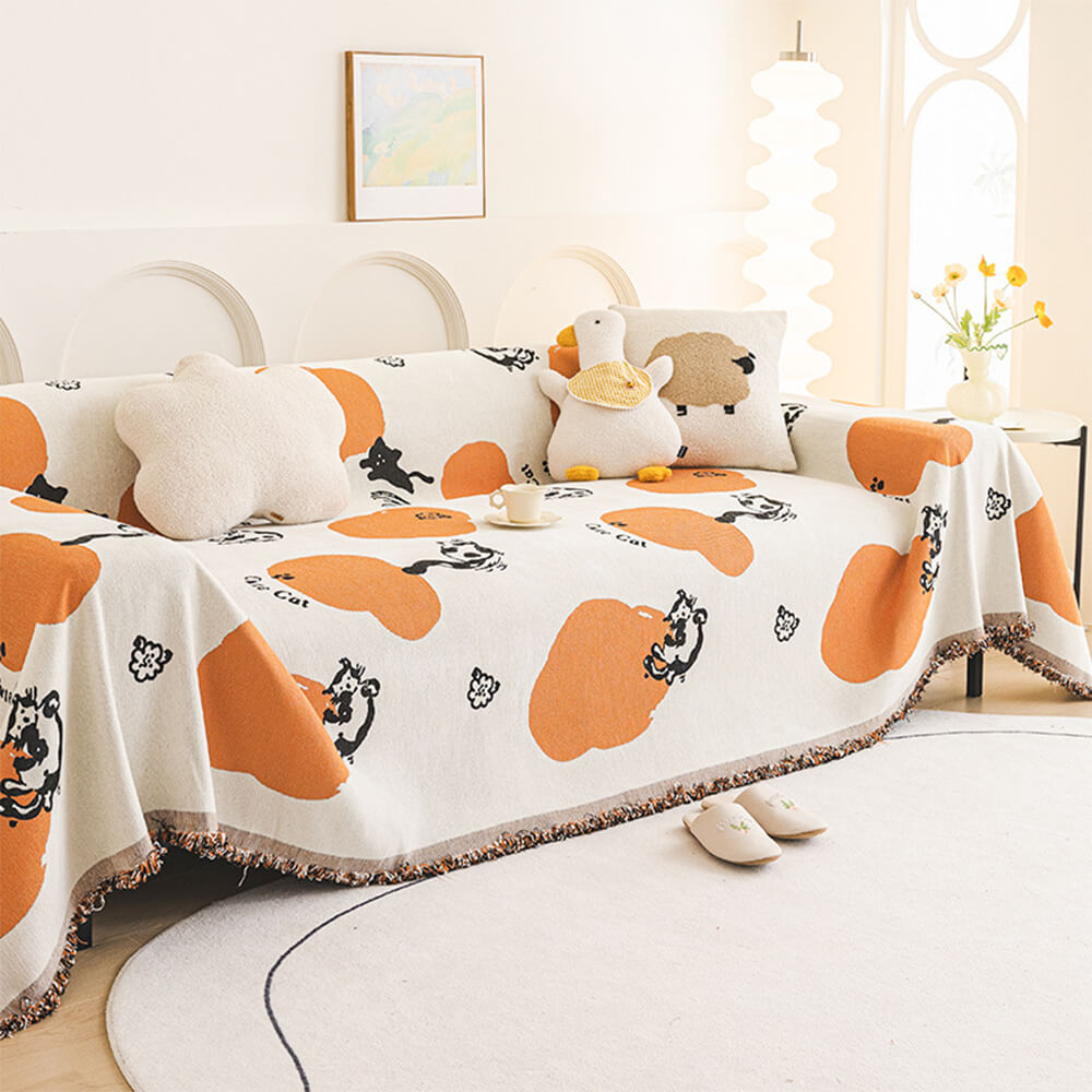Whimsical Cat Decor Chenille Scratch-Resistant Sofa Throw Couch Cover