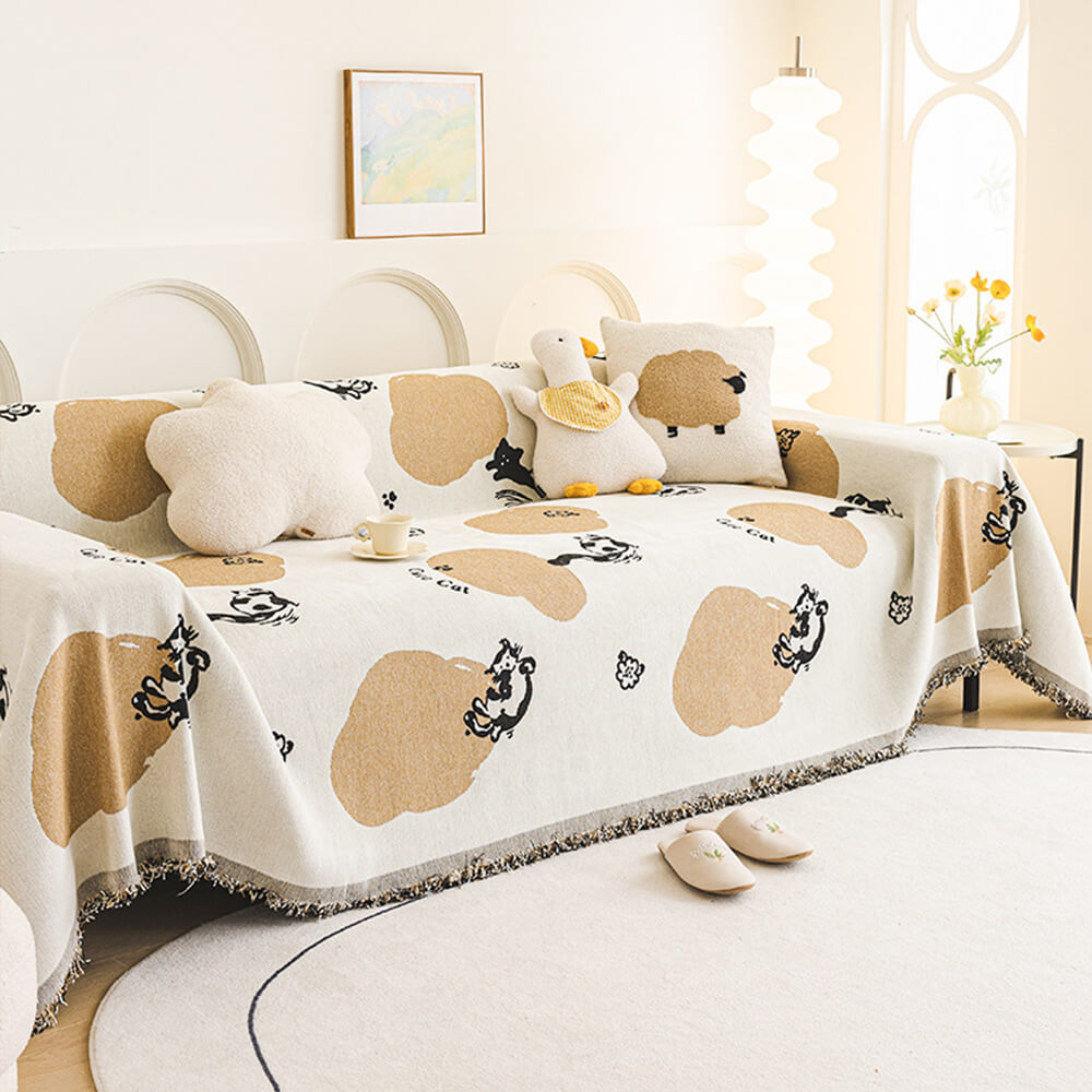 Whimsical Cat Decor Chenille Scratch-Resistant Sofa Throw Couch Cover