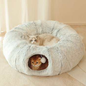 2 in 1 Foldable Indoor Soft Round Cat Tunnel Bed - FUNNYFUZZY
