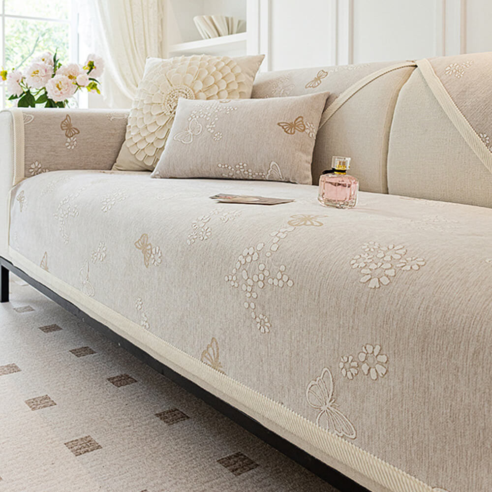 Chenille Anti-Slip Butterfly Pattern Morandi Color Sofa Cover