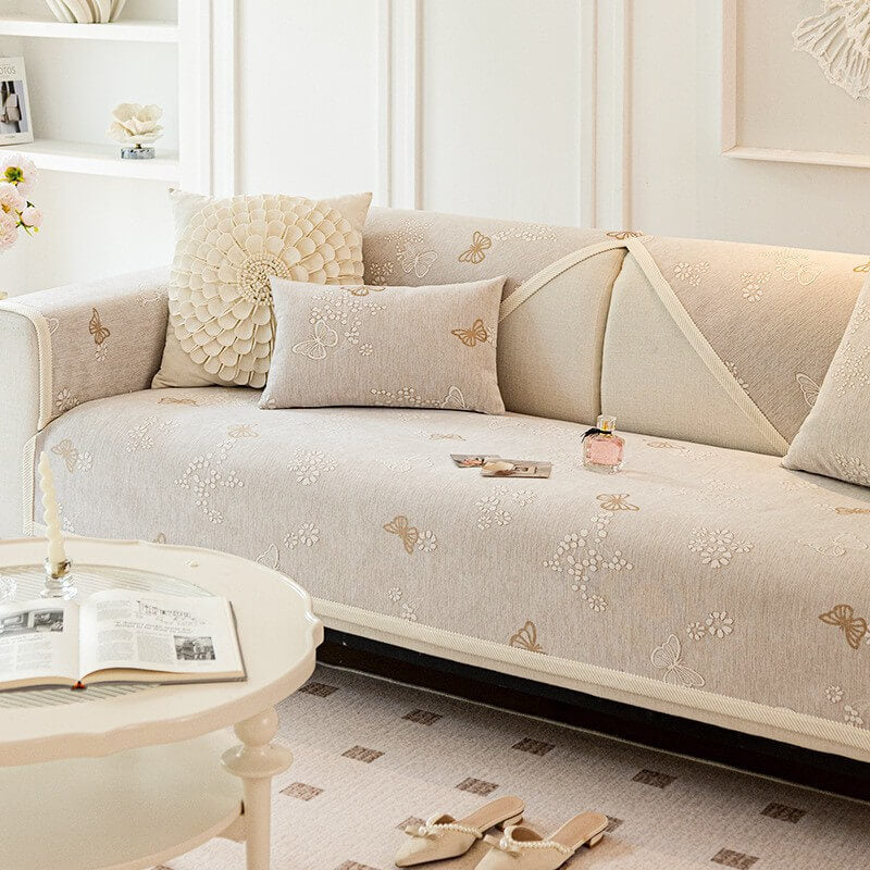 Chenille Anti-Slip Butterfly Pattern Morandi Color Sofa Cover