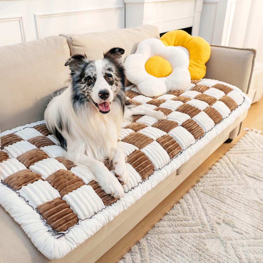 Cream-colored Large Plaid Square Fuzzy Pet Mat Bed Couch Cover