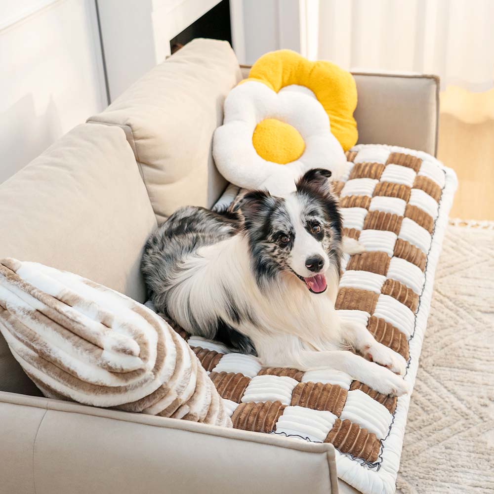 Cream-colored Large Plaid Square Fuzzy Pet Mat Bed Couch Cover