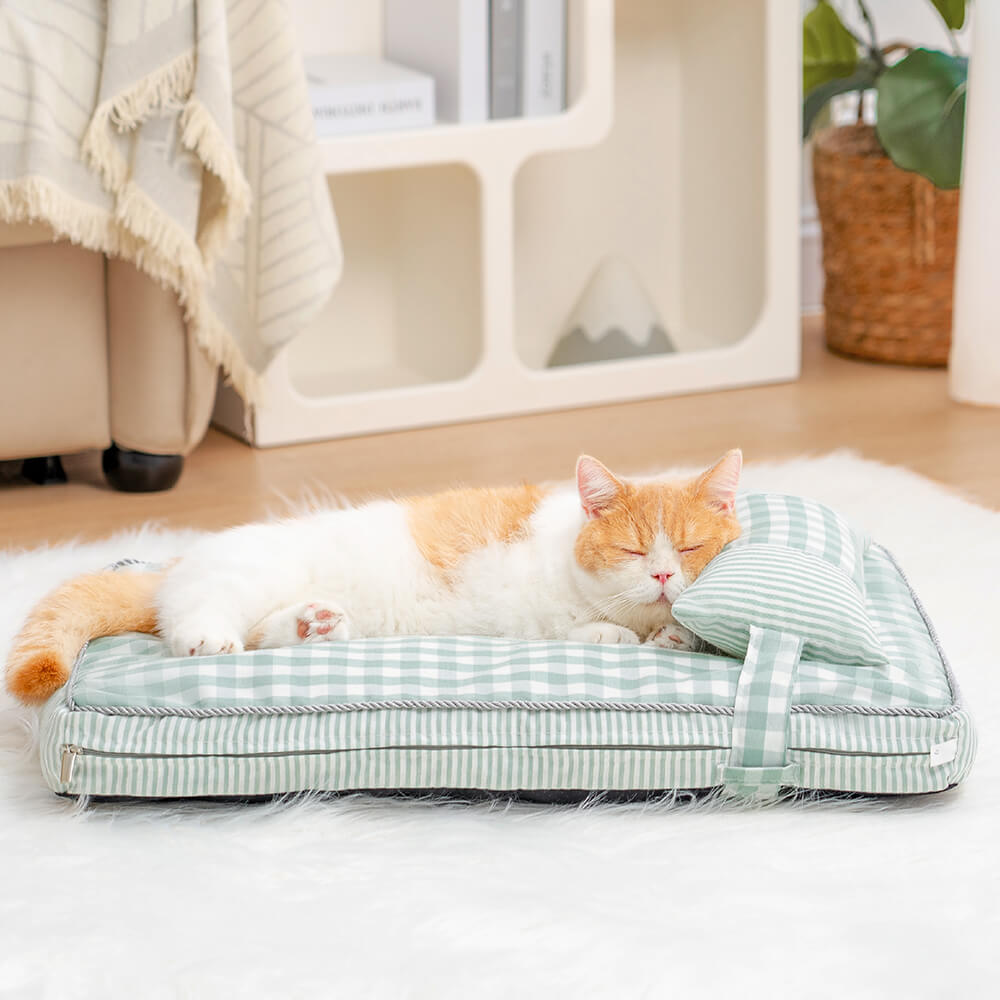 Lit lavable pour chien et chat à motif à carreaux avec oreiller