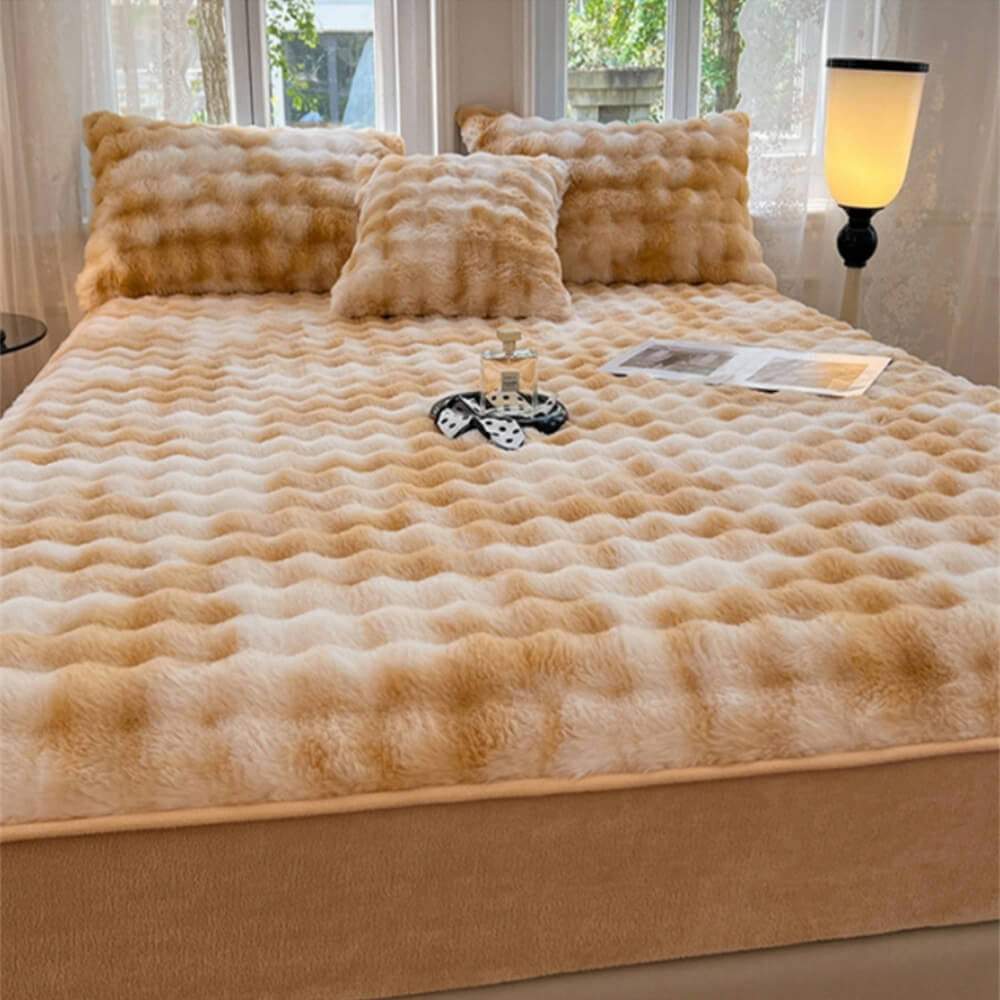 Gradient Cream Bubble Thickened Faux Rabbit Fur Warm Fitted Sheet Mattress Cover