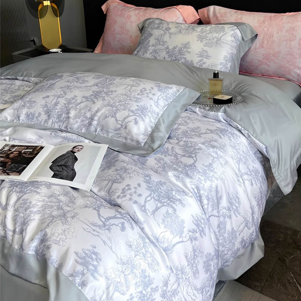 Nordic Floral Print Natural Ice Silk Washed Summer Bed Sheet Set