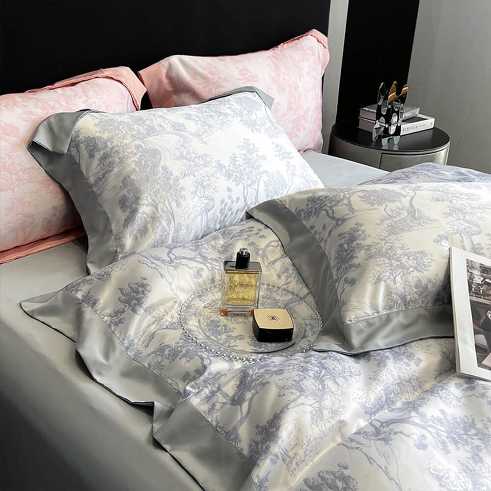Nordic Floral Print Natural Ice Silk Washed Summer Bed Sheet Set