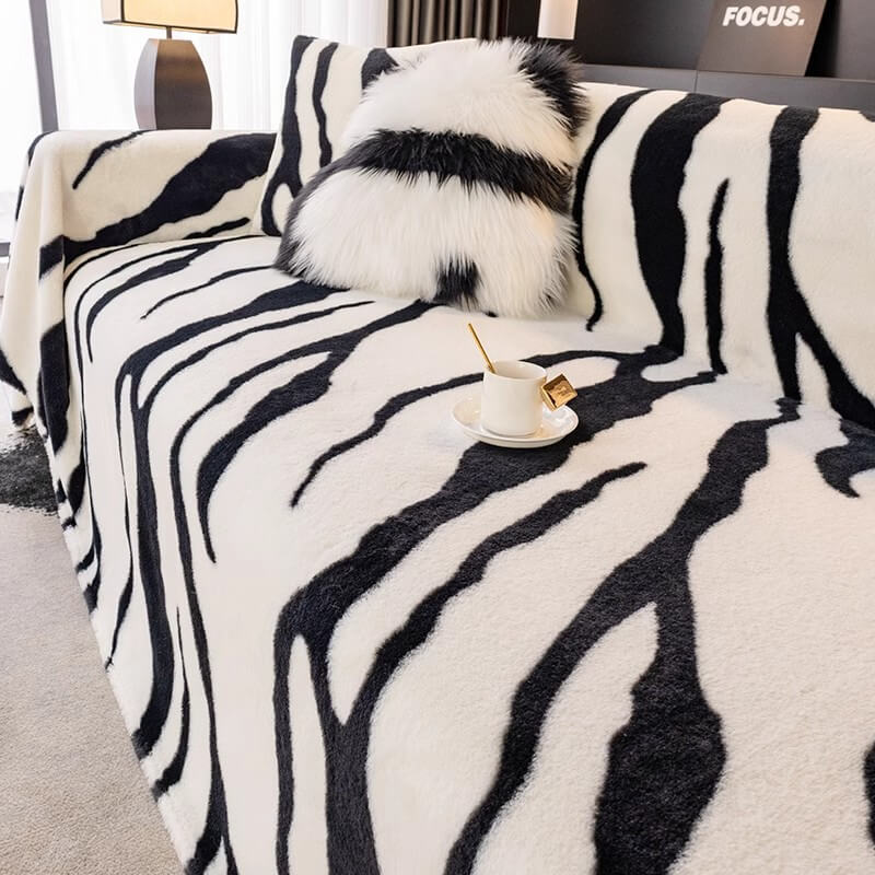 Luxurious Zebra-Print Fluffy Plush Sofa Protector Stylish Couch Cover