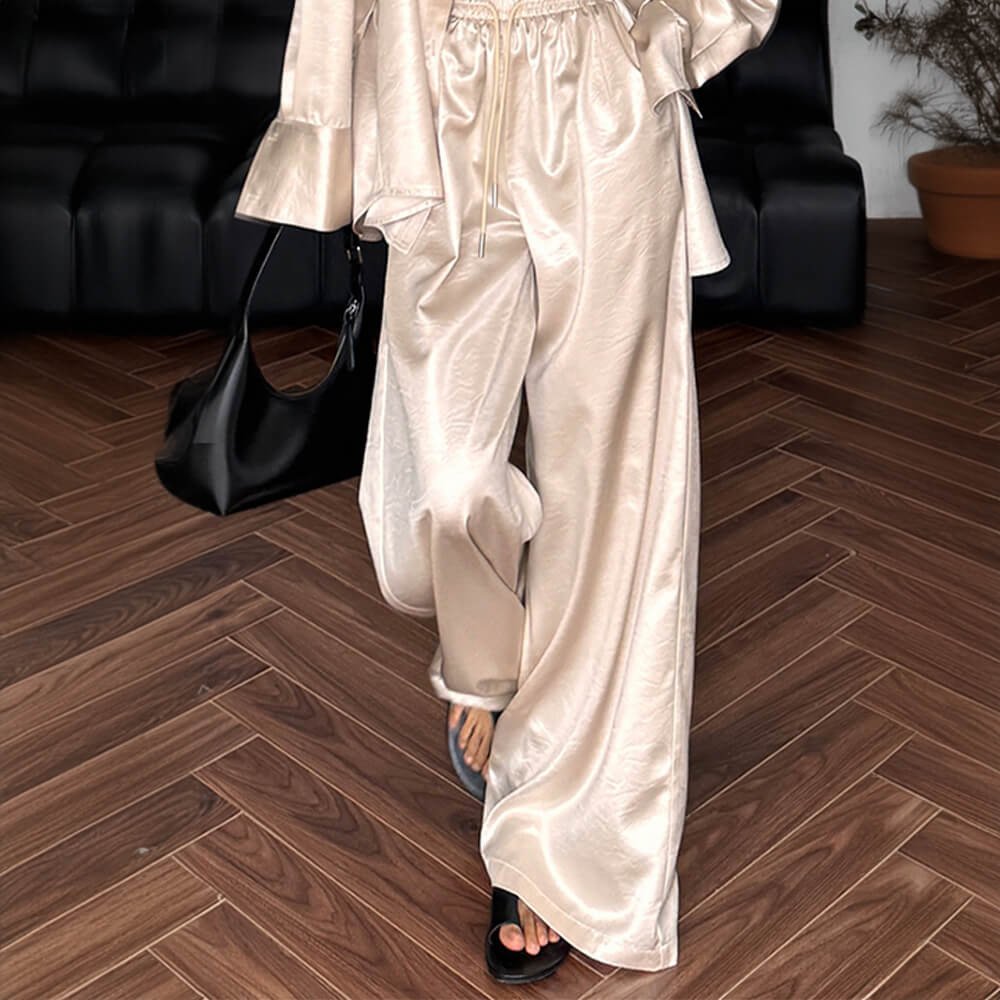 Luxury Satin Pleated Texture Women's Long Sleeve Shirt Set