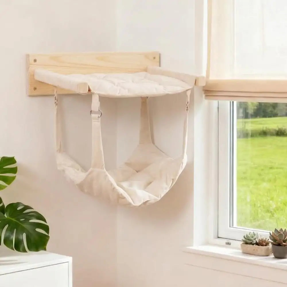 Modern Wooden Double-Layer Cat Wall Hammock for Lounging