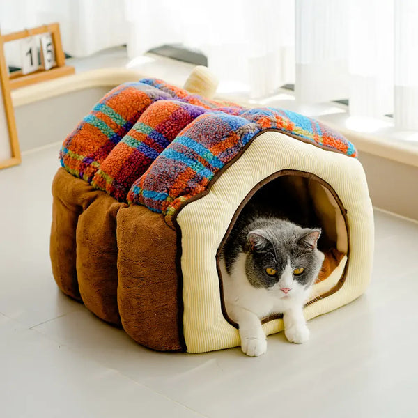Plaid Retro Cozy Cave-Style Warm Deep Sleeping Dog & Cat Bed - Retro House