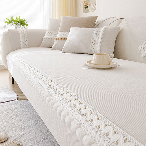 All-Season Water-resistant Anti-Scratch Soft Corduroy Sofa Cover with Pom-Poms