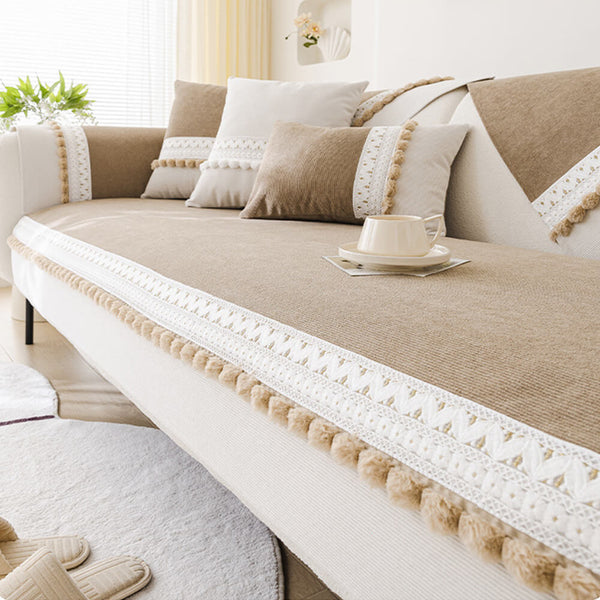 All-Season Water-resistant Anti-Scratch Soft Corduroy Sofa Cover with Pom-Poms
