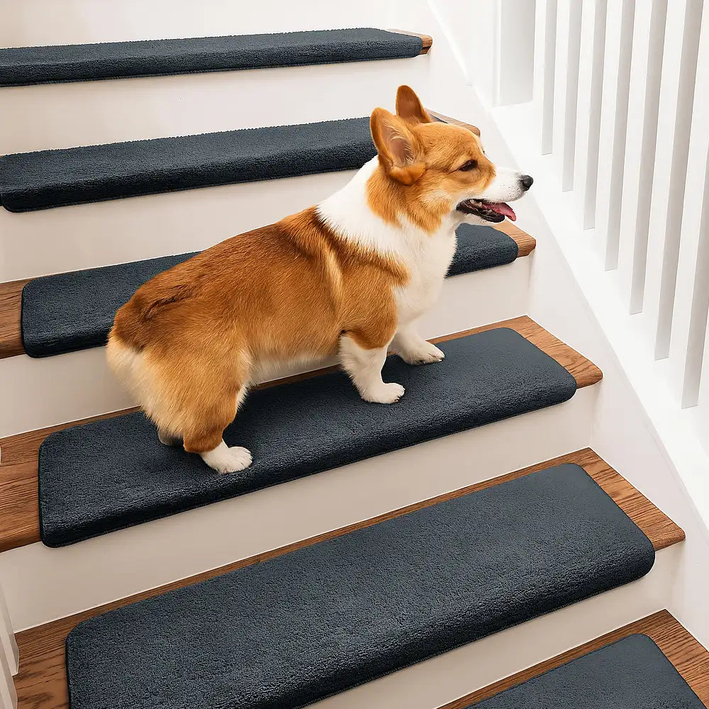 Solid Colour Plush Stair Protectors Non-Slip Tape Free Carpet Stair Treads