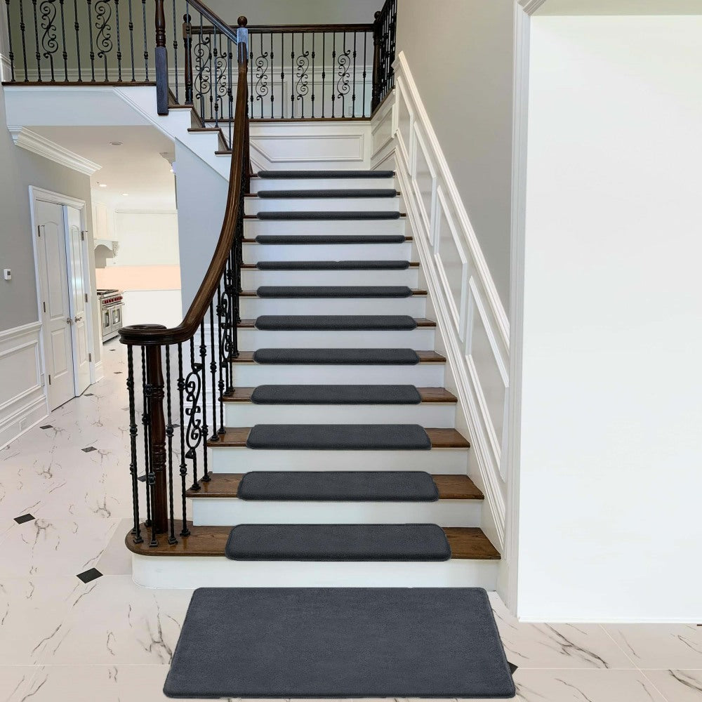 Solid Colour Plush Stair Protectors Non-Slip Tape Free Carpet Stair Treads