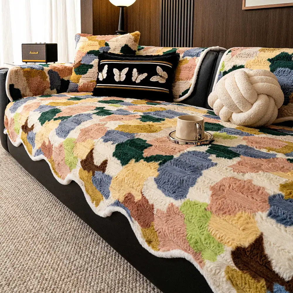 Stylish Color-Blocked Faux Rabbit Fur Soft Non-Slip Irregularly Shaped Sofa Cover