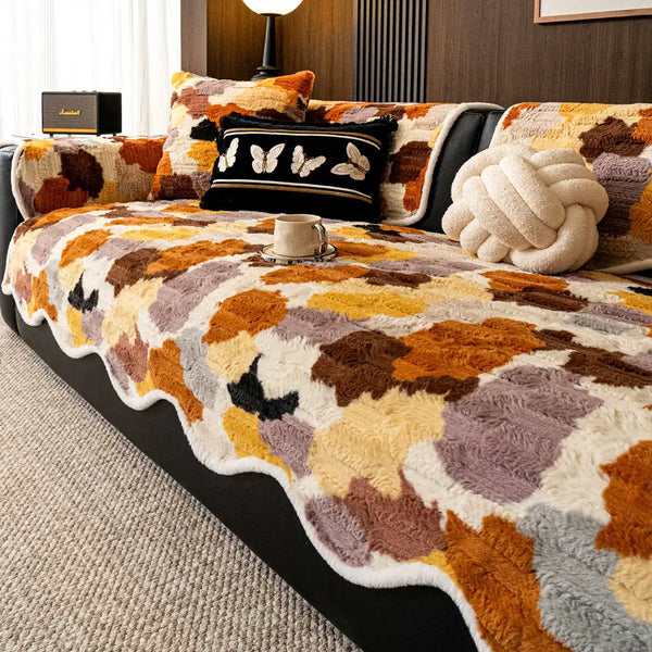 Stylish Color-Blocked Faux Rabbit Fur Soft Non-Slip Irregularly Shaped Sofa Cover