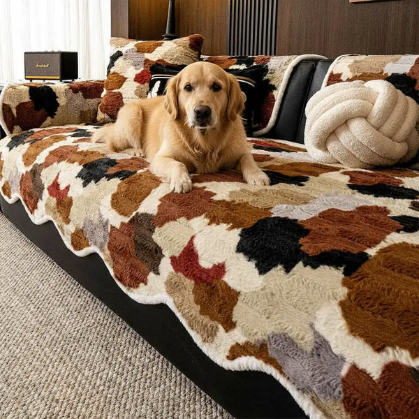 Stylish Color-Blocked Faux Rabbit Fur Soft Non-Slip Irregularly Shaped Sofa Cover