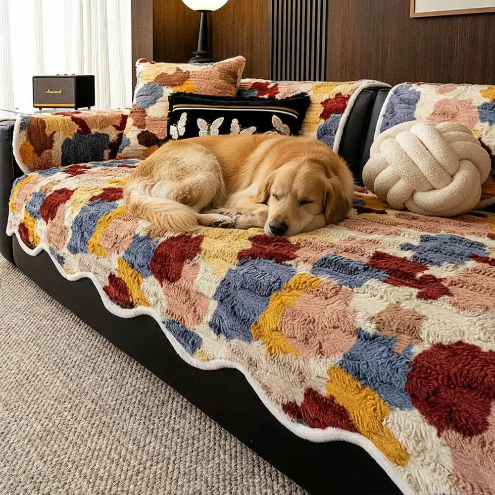 Stylish Color-Blocked Faux Rabbit Fur Soft Non-Slip Irregularly Shaped Sofa Cover