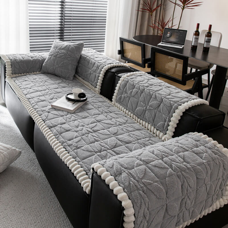 Thickened Short Plush Leaf Pattern Scratch Resistant Non-Slip Sofa Cover