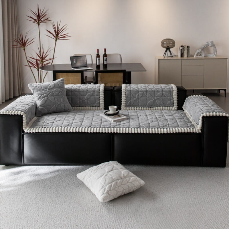 Thickened Short Plush Leaf Pattern Scratch Resistant Non-Slip Sofa Cover