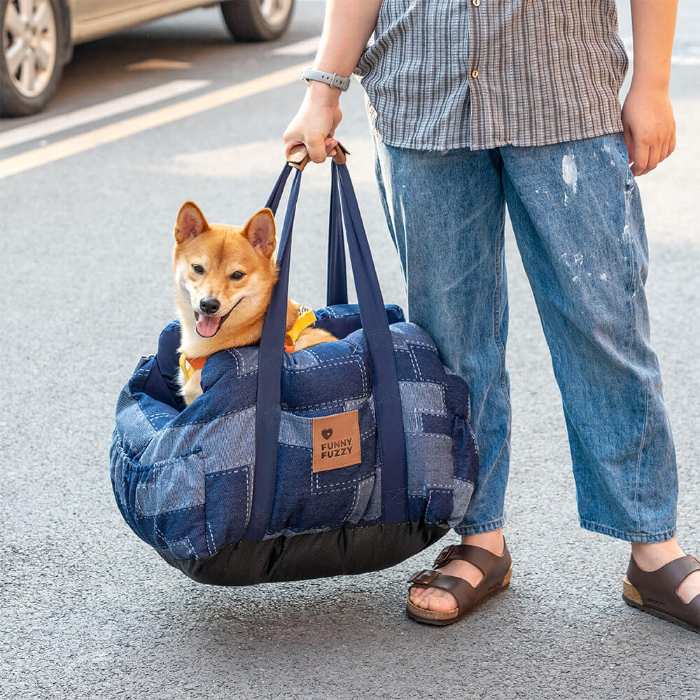 Traversin de sécurité de voyage, lit de siège de voiture en Patchwork de Denim Vintage pour chien