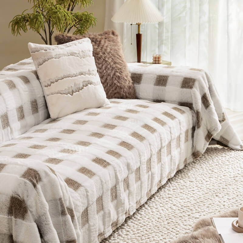 Ultra-Soft Plush Full-Cover Checkerboard Sofa Cover