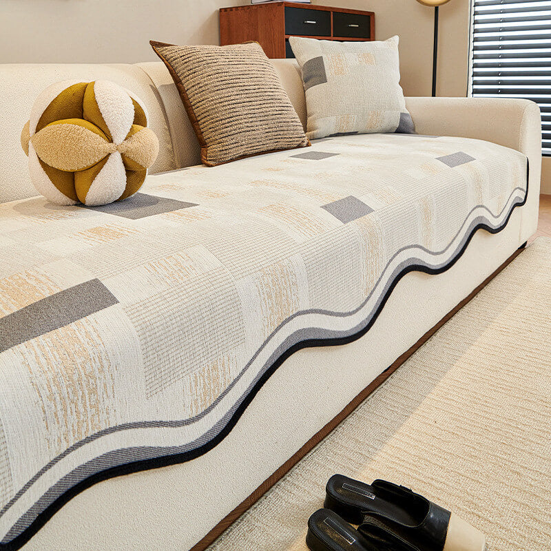 Durable Herringbone Pattern Anti-Slip Sofa Cover with Wavy Trim – Pet Scratch Resistant