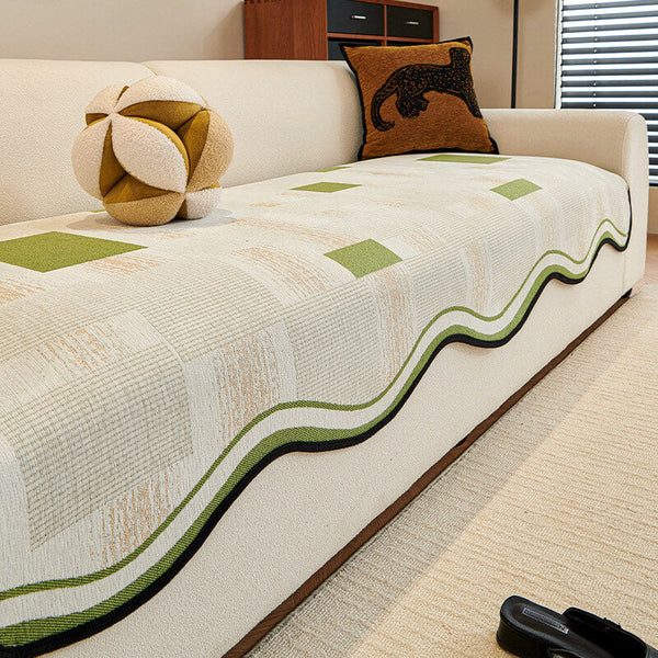 Durable Herringbone Pattern Anti-Slip Sofa Cover with Wavy Trim – Pet Scratch Resistant