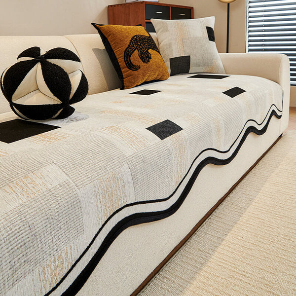 Durable Herringbone Pattern Anti-Slip Sofa Cover with Wavy Trim – Pet Scratch Resistant