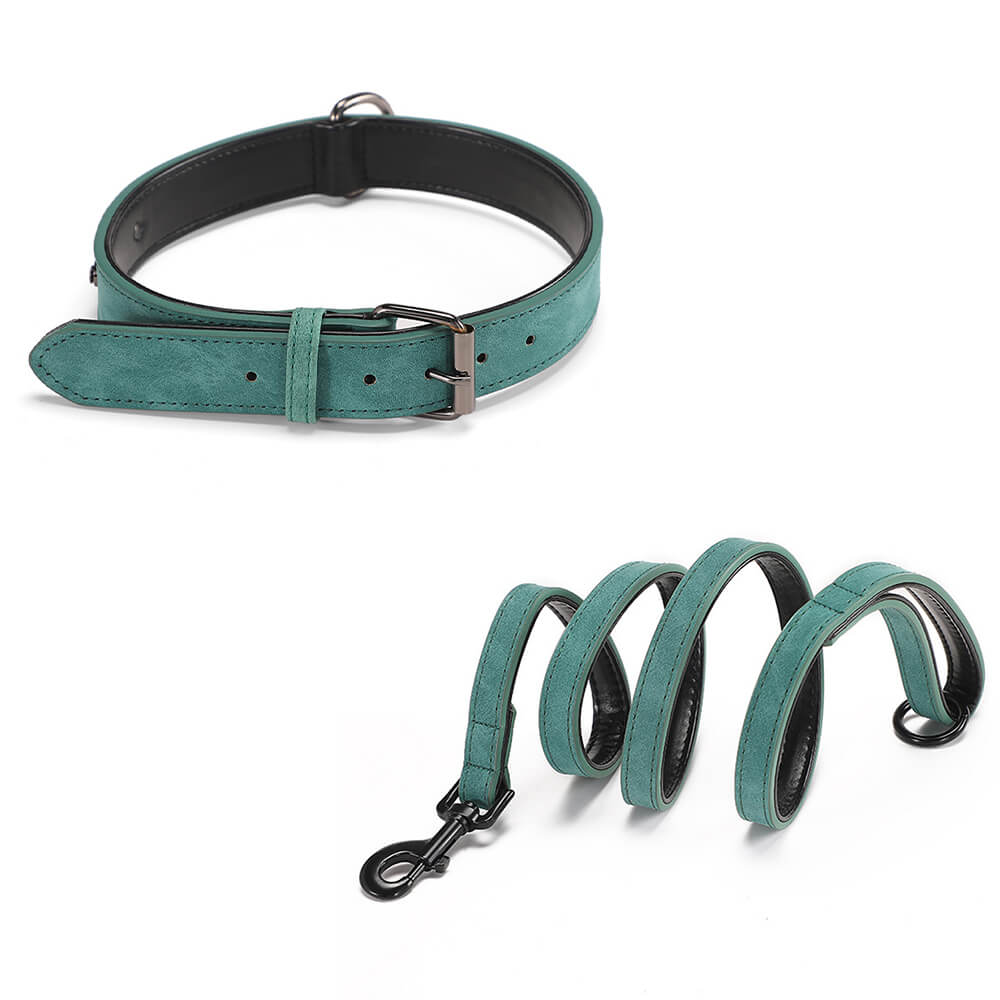 Vintage Faux Leather Soft Neck Protector Dog Collar Leash Set